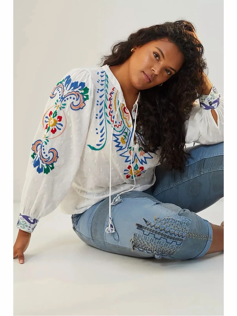 Anthropologie Forever That Girl Embroidered Peplum Blouse in White